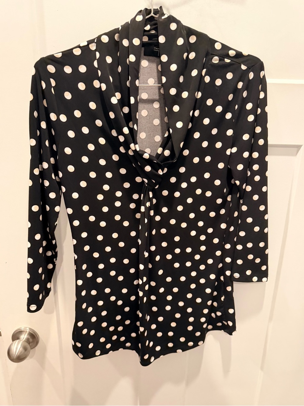 Tahari Black White Polka Dot Tie Neck Blouse Small Stretch Career Chic Top